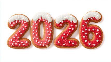 2026 New Year gingerbread cookies with festive icing decoration on white background, Christmas holiday sweets illustration for celebration and winter design