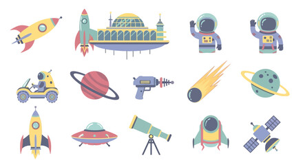 Space travel rockets astronauts planets UFOs.