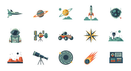 Space Exploration Icons Set Featuring Planets Rockets Astronauts and More.