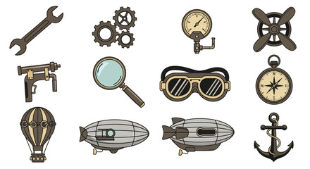Steampunk themed icons featuring tools, gears, airships, and navigation elements.