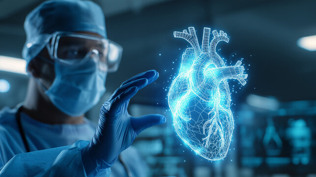 A male doctor using a futuristic holographic heart projection, showcasing advanced medical technology, digital diagnostics, and innovative healthcare visualization.