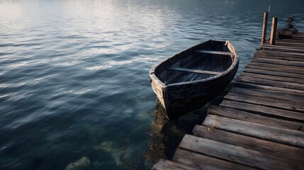 Obraz premium A weathered wooden rowboat is tied to a rustic wooden pier on a calm lake during a tranquil morning