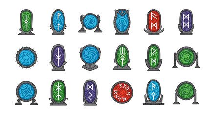 Vector illustration set of ancient magical rune stones and portals.