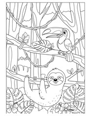 Vector art of sloth and toucan in the jungle coloring page coloring page design