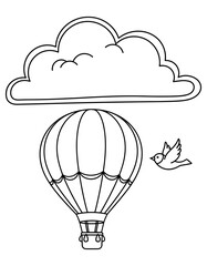 Vector art of hot air balloon flying under a cloud with a bird, perfect for kids coloring page design