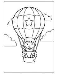 Vector art of cute little boy flying in a hot air balloon coloring page design