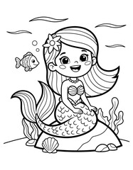 Vector art of cute little mermaid with flower in her hair sitting on a rock coloring page design