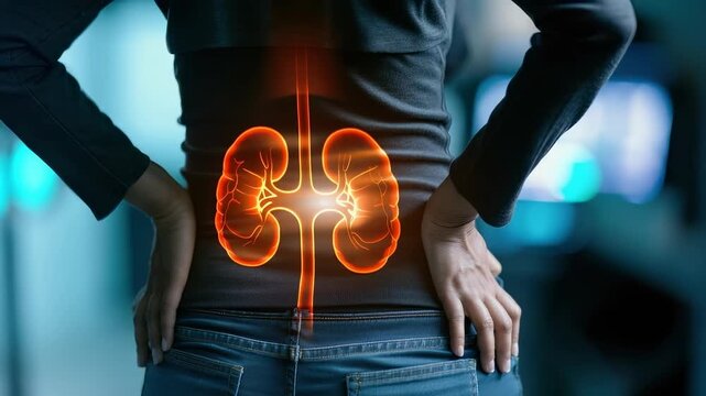 An individual feeling kidney discomfort supports their aching lower back, a digital medical concept showing illuminated internal renal organs indicating disease and health issues for diagnosis.