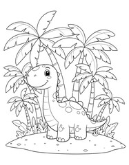 Vector art of cute dinosaur standing near palm trees on an island, coloring page, coloring page design