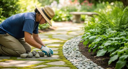 Woman gardener installing decorative garden border stones. Landscape design and maintenance for outdoor home improvement.