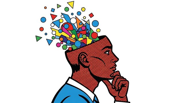 Pop Art Man Thinking with Geometric Shapes Exploding from Head, Symbolizing Ideas, Creativity, and Innovation