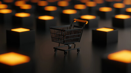  small shopping cart sits among glowing orange blocks, creating a striking contrast in a minimalist setting.