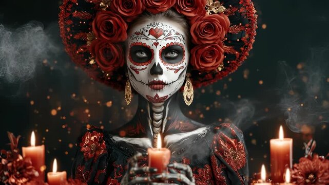 El D&iacute;a de Muertos festival, female figure with intricate sugar skull face, vibrant roses headdress, holding glowing candle, Mexican tradition.