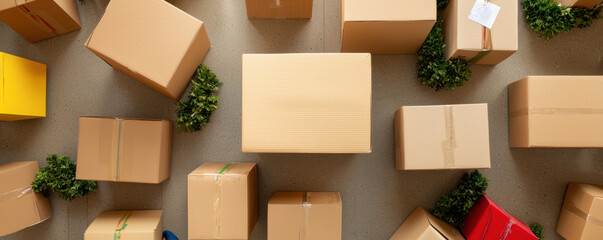 Aerial view of assorted brown cardboard boxes scattered on a surface, some adorned with green foliage, creating an organized yet casual impression.