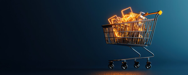  shopping cart filled with glowing items against a dark blue background, representing modern consumerism and technology.