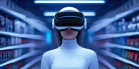  person wearing a futuristic VR headset stands in a brightly lit environment, suggesting immersion in virtual reality.