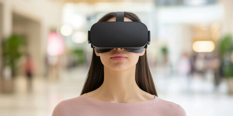  woman wearing a virtual reality headset stands in a bright, modern environment, immersed in an interactive experience.