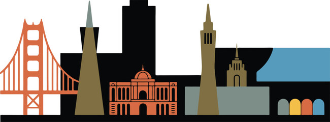 Obraz premium San Francisco Skyline Silhouette Vector Illustration with Golden Gate Bridge and City Landmarks