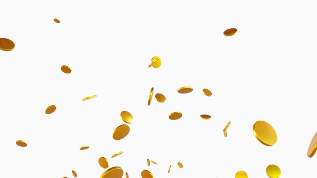 Gold coins exploding isolated on white screen 3d, coin rain with alpha channel. Falling Treasure looping coin pattern. Business and currency Concept gold coin spinning in the air overlay animation.