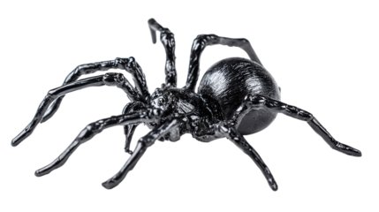 Fake rubber spider toy with shiny black legs, Halloween prop isolated on transparent background 