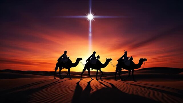 Three wise kings riding majestic camels, trekking across golden desert dunes at dawn, following the powerful light of the bright Christmas star. .