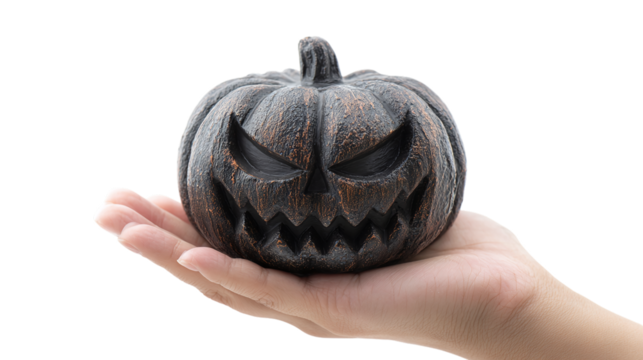 Evil jack-o’-lantern pumpkin held in hand, dark horror concept, isolated on transparent background 