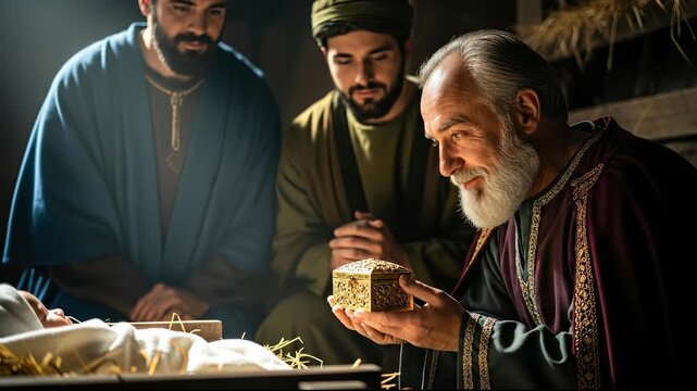 Wise men from the East presenting gifts of gold to the newborn King, a solemn religious Nativity scene in a humble Bethlehem stable, showing the sacred birth of Christ.
