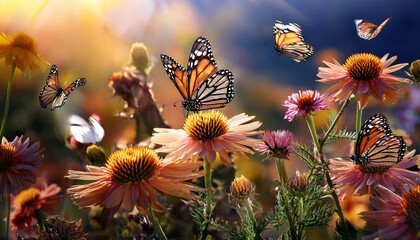 butterflies flit among the flowers enhancing the beauty