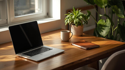 Business Office Table &ndash; Laptop, Notebook, and Calculator on Wooden Desk