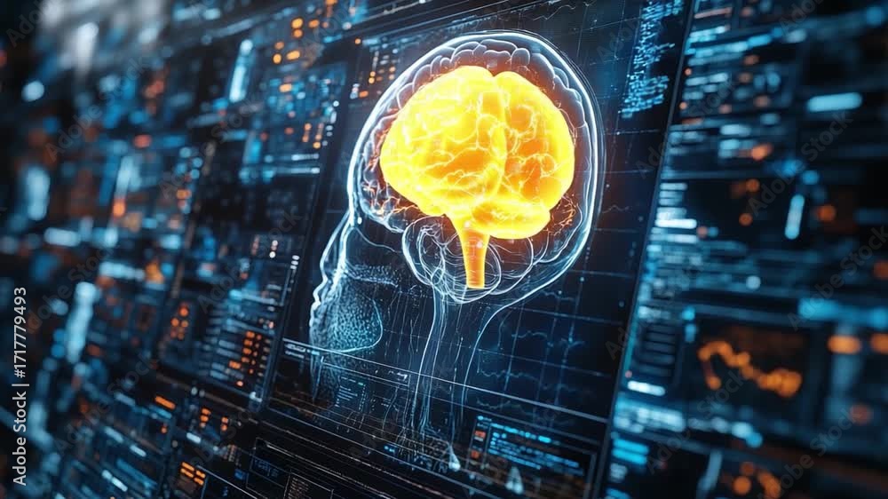 Aufkleber digital brain: an illuminated holographic brain is superimposed over a technological interface, embo