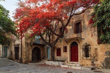 Fototapeta premium Charming Streets of Archanes: Autumn Views of Historical Houses and Trees in Crete, Greece