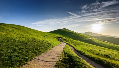 This Serene Image Features A Winding Pathway Leading Up A Lush Green Hill Under A Bright Sky Symbolizing Adventure And Exploration In Nature