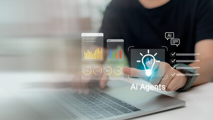 AI agents analyzing business data and performance charts on a virtual dashboard, symbolizing smart technology, data-driven decisions, automation, and artificial intelligence solutions.