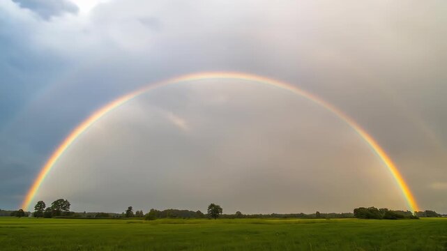 Spectacular double rainbow over vast green field after the summer rain