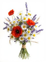 Obraz premium Vibrant Wildflower Bouquet with Poppies, Daisies, and LavenderDescription A beautiful and vibrant studio shot captures a charming wildflower bouquet, reminiscent of a fresh-picked summer field. The 
