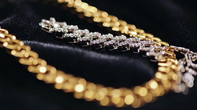 Close-up of a gold chain bracelet or necklace with diamond accents