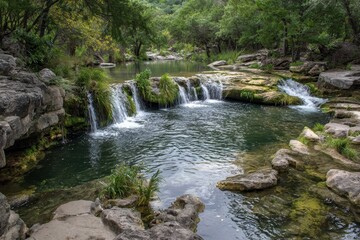 Obraz premium Exploring the Scenic Hamilton Greenbelt Trail: Waterfalls and Lush Nature at Lakeway, Texas