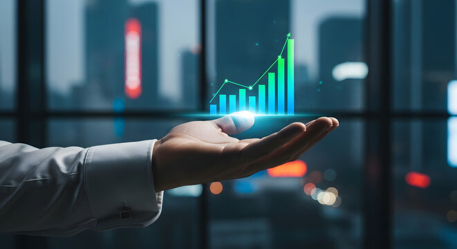 Businessman Hand Holding Digital Growing Chart in Modern Office