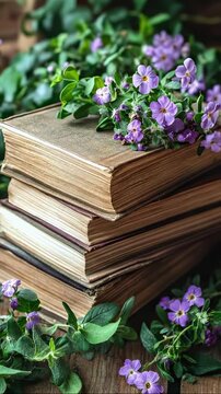A stack of aged books rests on a rustic wooden surface, adorned with delicate purple blossoms lush green foliage, evoking a sense of timeless stories and natural beauty, whispering tales of knowledge.