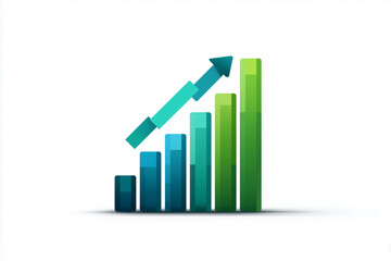 PNG rising bar chart and arrow, clean flat design, subtle drop shadow, data points highlighted, corporate blue and green palette, isolated transparent background