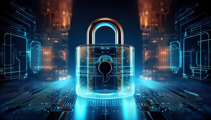 transparent padlock digital security concept glowing background