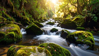 Sunlight streams through a mossy forest stream