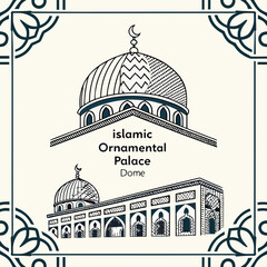 Elegant islamic ornamental palace dome and facade illustration with traditional geometric borders © md munna