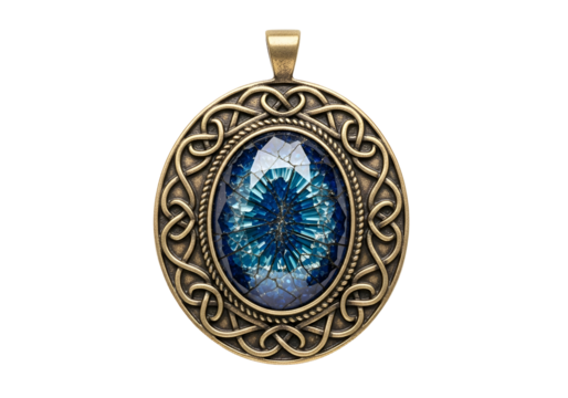 An intricate bronze pendant showcases a vibrant blue mosaic gem, encircled by Celtic knotwork, against a dark background.