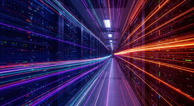 A server room with glowing light trails representing data flow and processing in a data center