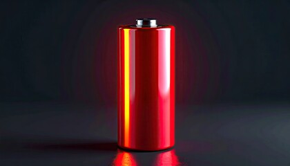 Red Cylinder Battery with Silver Top Lit with Red Light on Dark Background with Shiny Surface