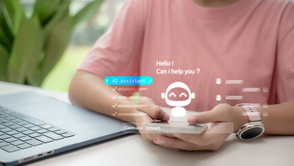 AI assistant chatbot on a smartphone offering help with command prompts and interactive UI, representing artificial intelligence, customer support, automation, and virtual assistant service.
