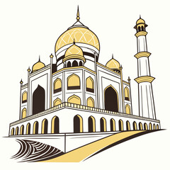 Stylized illustration of the iconic taj mahal monument in agra india with a golden dome and minarets