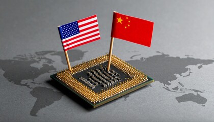 U.S.–China flags on glowing chip—tech rivalry in global spotlight.