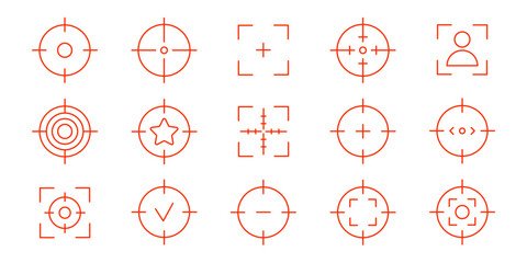 Set of target and crosshair icons in a clean, minimalist line style. Collection with red various focus and aim symbols, including circular scopes, square viewfinders, goal completion